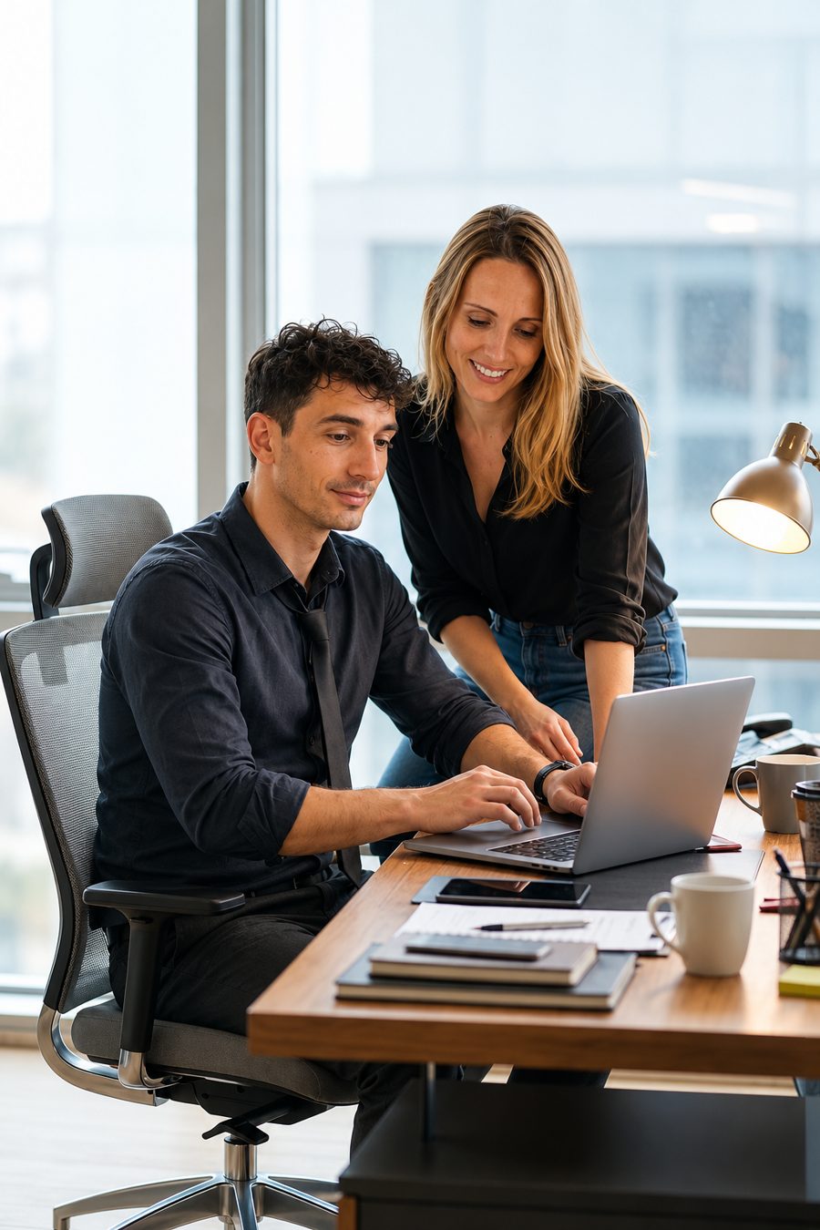 Anna and Pol reviewing a deal on a laptop